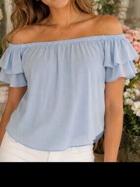 Windsor Light Blue Off Shoulder Ruffle Sleeve Blouse Size Large Cute